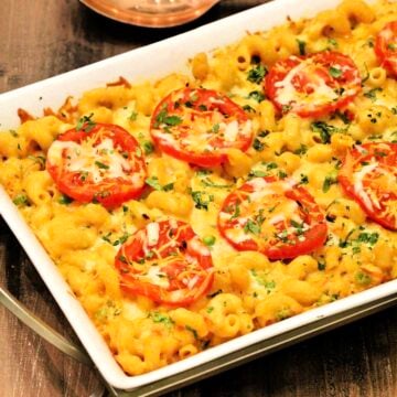 Masala Mac and Cheese in a white serving tray.