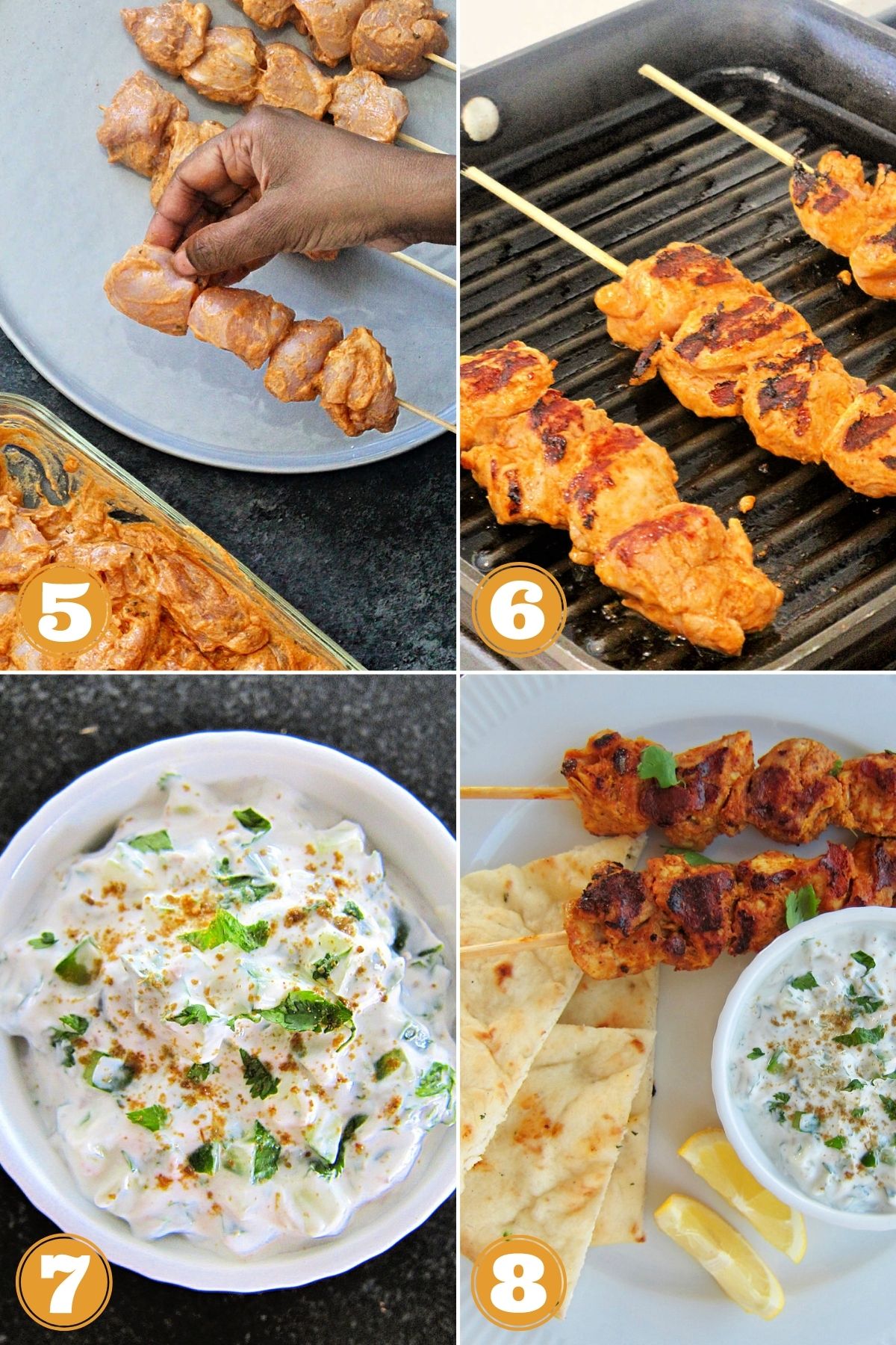Collage of Tandoori chicken kebabs steps 5-8.