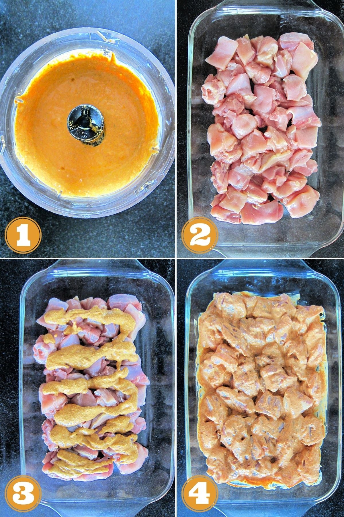 Collage of Tandoori chicken kebabs steps 1-4.