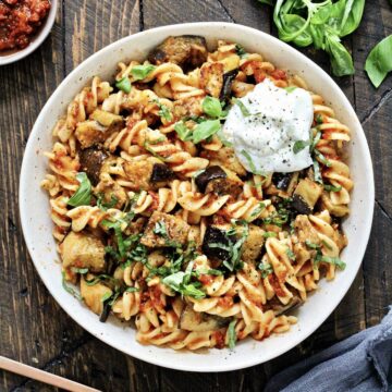 red pesto pasta overhead