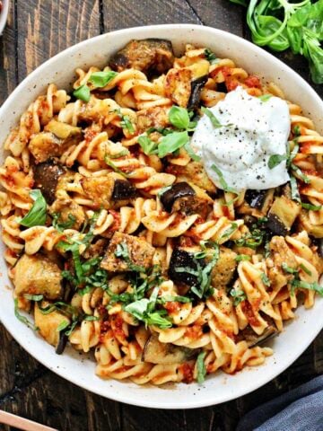 red pesto pasta overhead