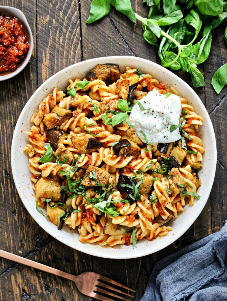 red pesto pasta overhead