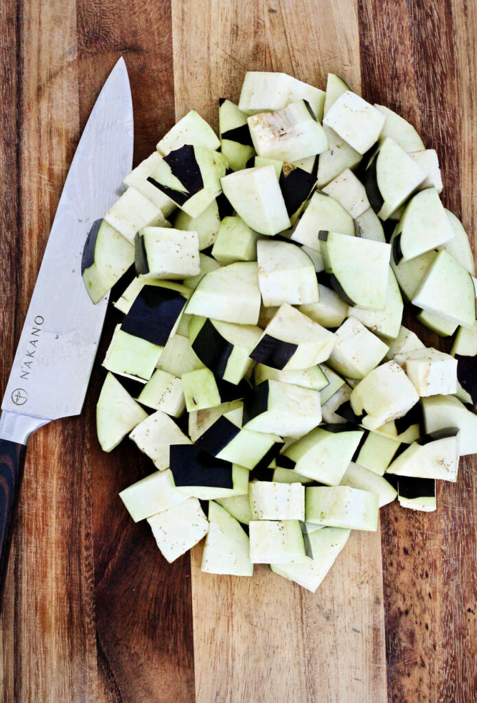 diced eggplant on cutting board