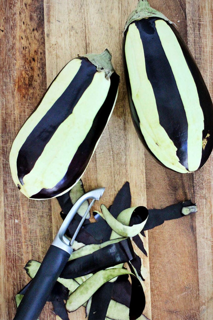 peeling the eggplant