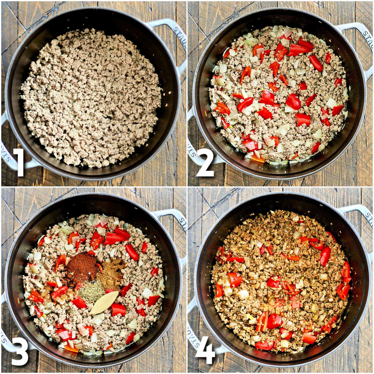 Steps 1-4 for making the Ultimate Turkey Chili