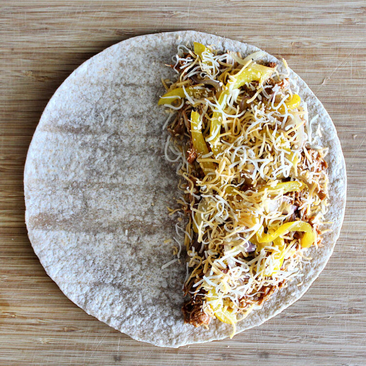 pulled chicken on a quesadilla