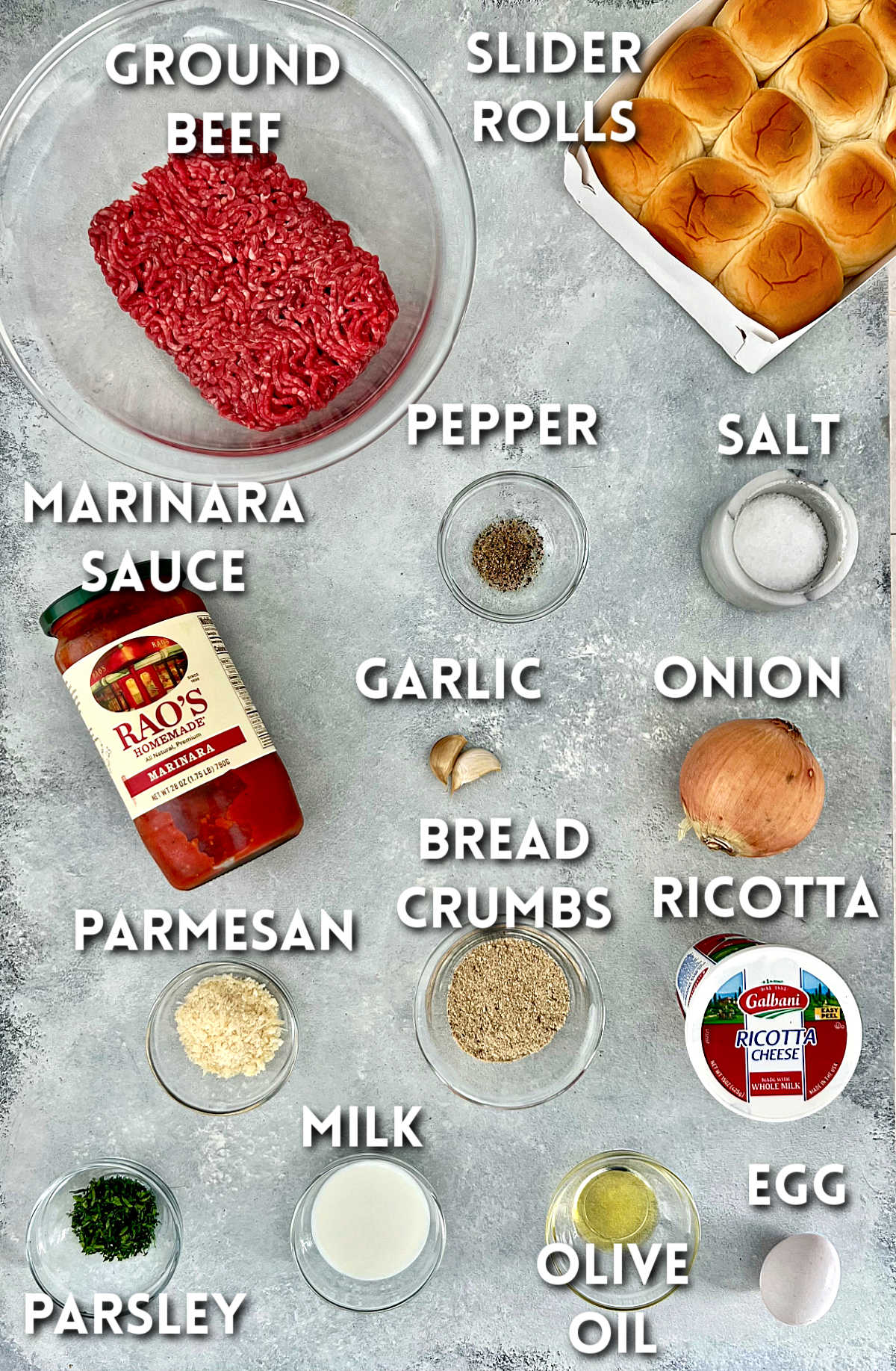 Ingredients for making meatball sliders with whipped ricotta