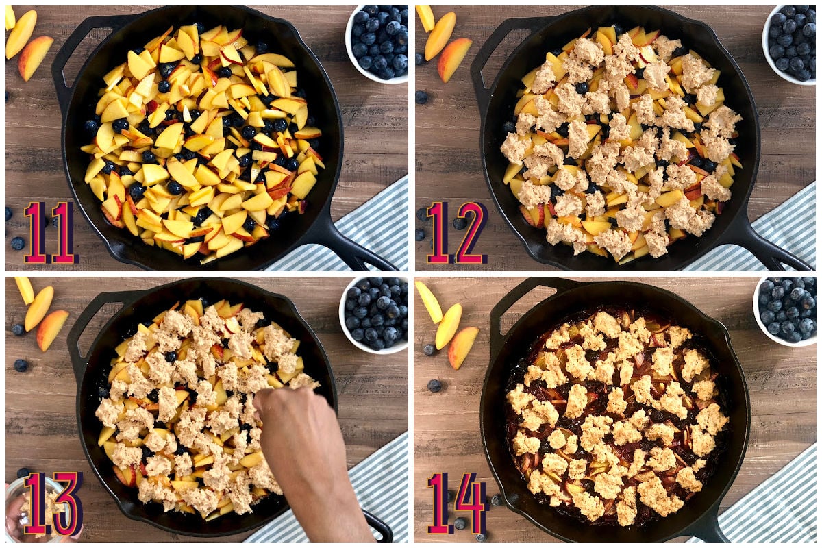 Recipe steps 11-14, assembling the cobbler in a cast iron skillet.