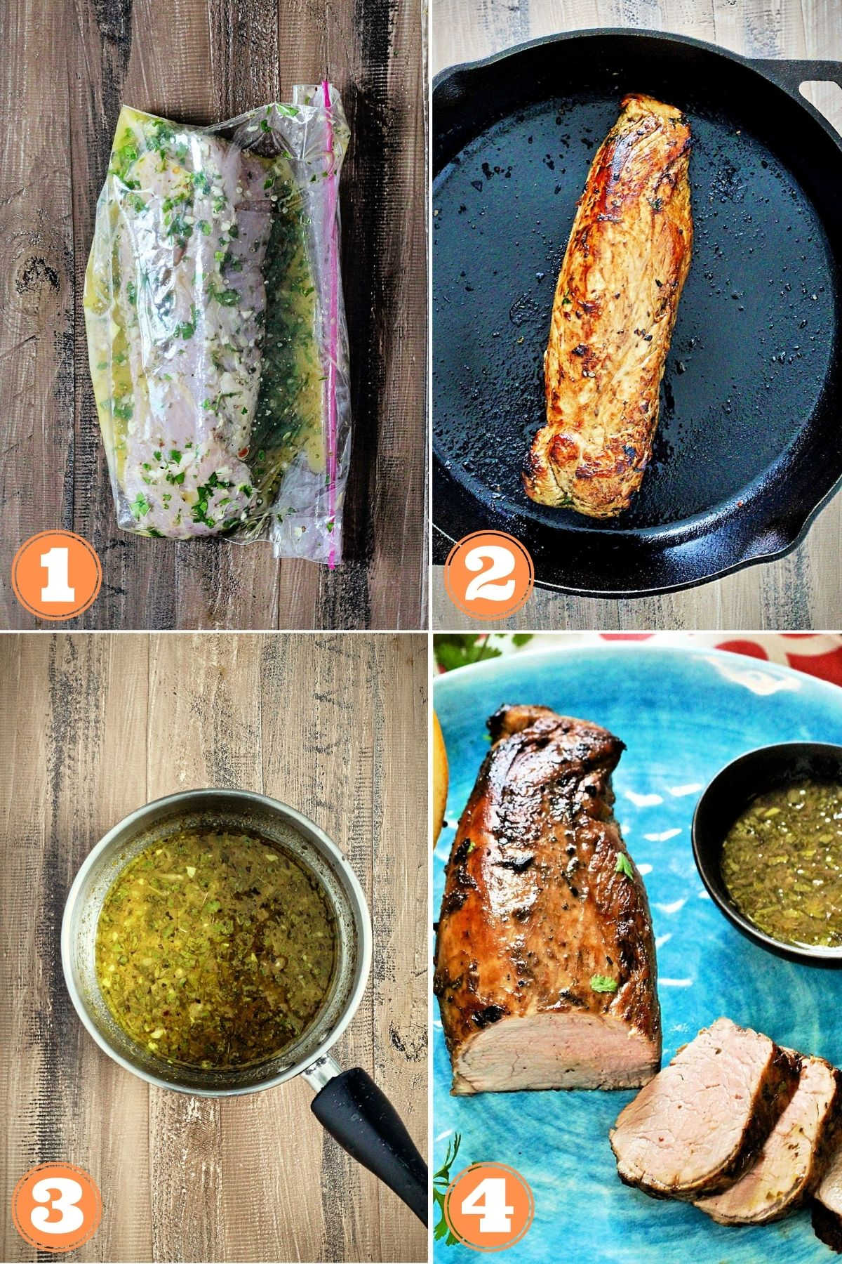 Collage of step 1-4 how to make Cuban mojo pork tenderloin.