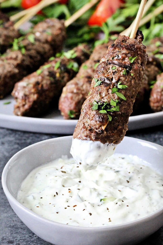 kebab dipped in tzatziki sauce