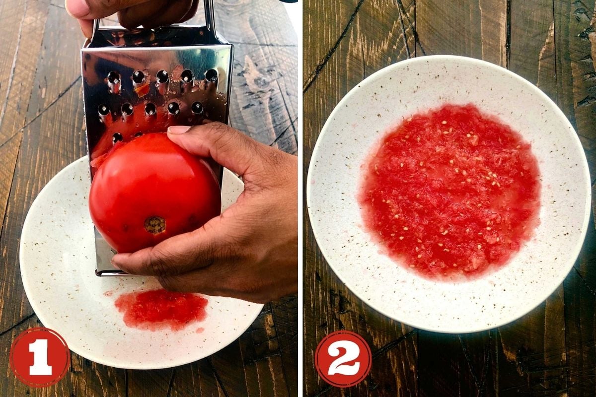 Collage of steps 1 and 2 for making pan con tomate. Grating the tomato on a box grater.