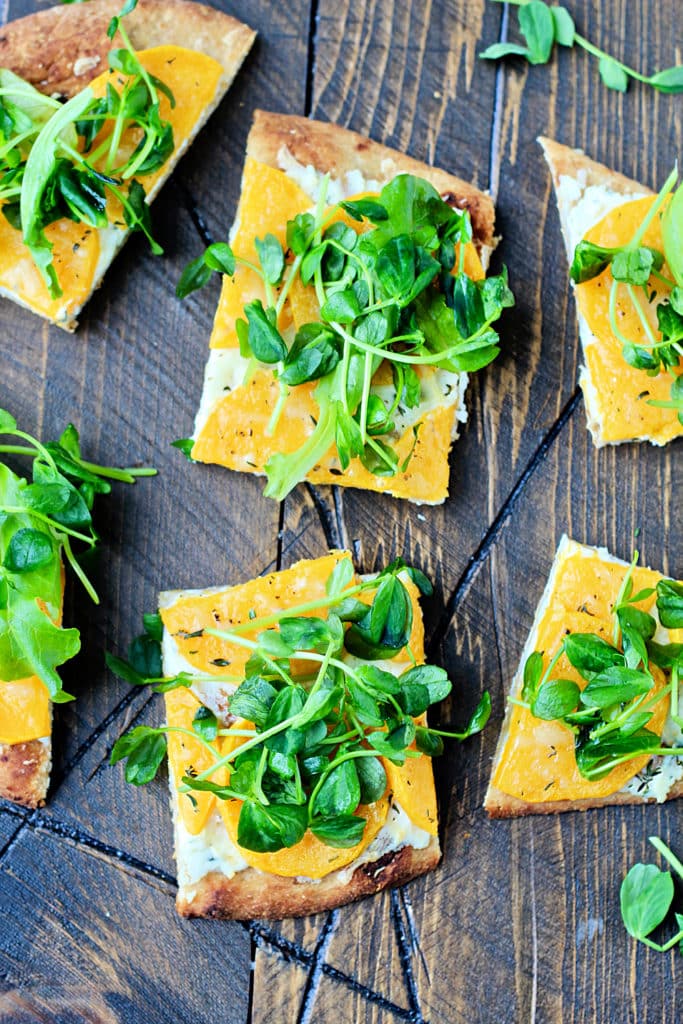 Butternut Squash Flatbread with Sweet Pea Greens