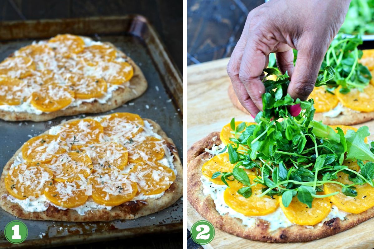 Collage of steps 1-2 how to make butternut squash flatbread.