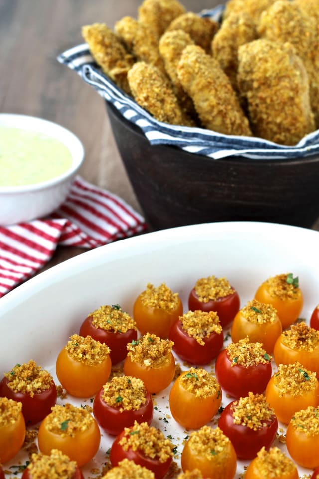 Curried Chicken Tenders with Mango Dipping Sauce & Crispy Tomato Poppers | The Foodie Physician #thefoodiephysician #curriedchickentenders #tomatopoppers #DareToEntertain