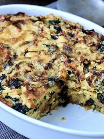 Naan Bread Pudding with Spinach and Caramelized Onions