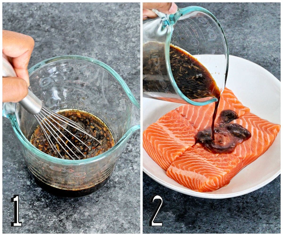 whisking the sauce ingredients in a measuring cup and pouring it onto the salmon.