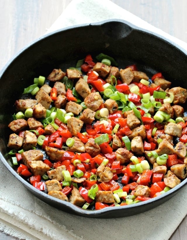 Sausage and veggies in skillet.