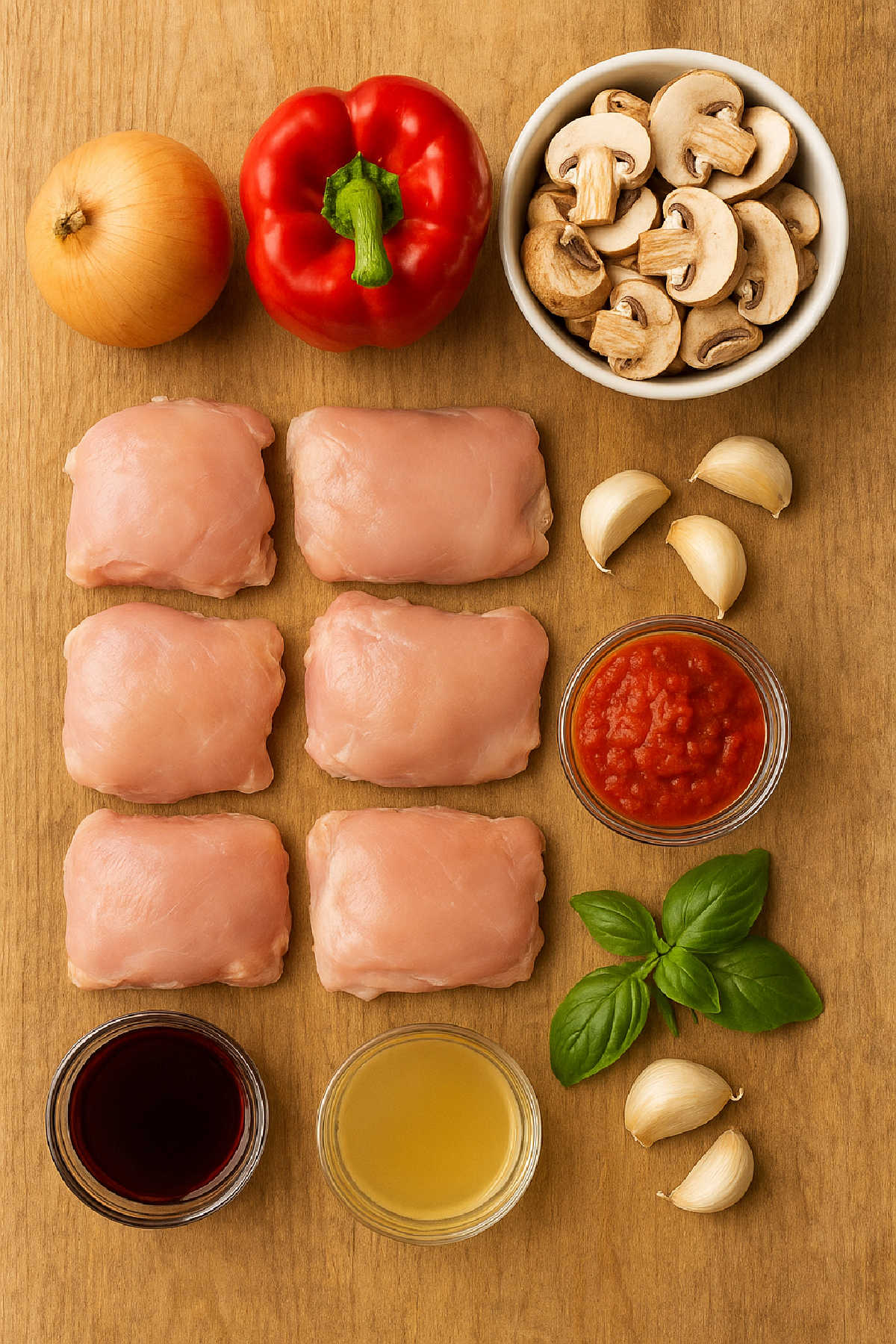 Ingredients for easy chicken cacciatore on a wooden board
