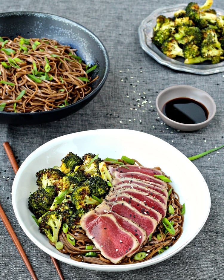 Seared Tuna with Soba Noodle & Sesame Roasted Broccoli | @foodiephysician