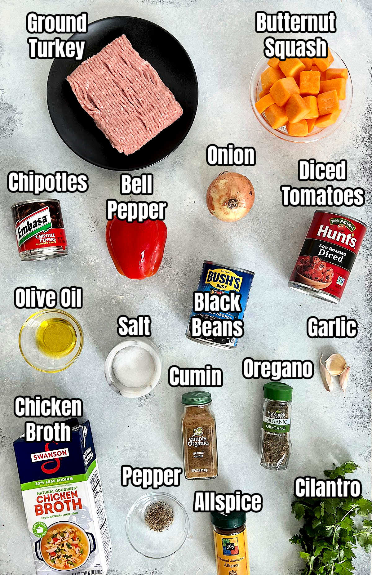 Ingredients for making Butternut Squash & Turkey Chili