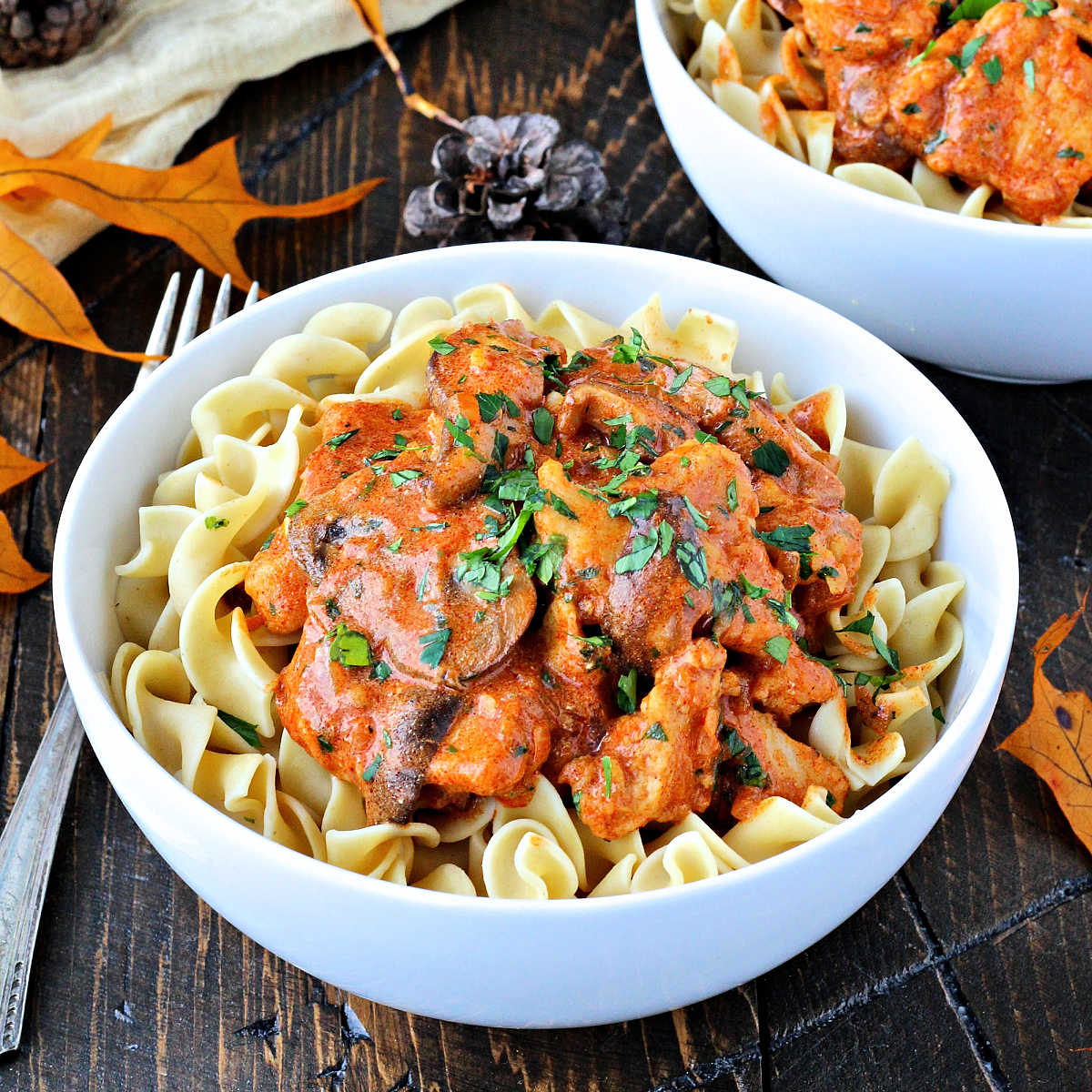 Creamy Paprika Chicken in a white bowl.