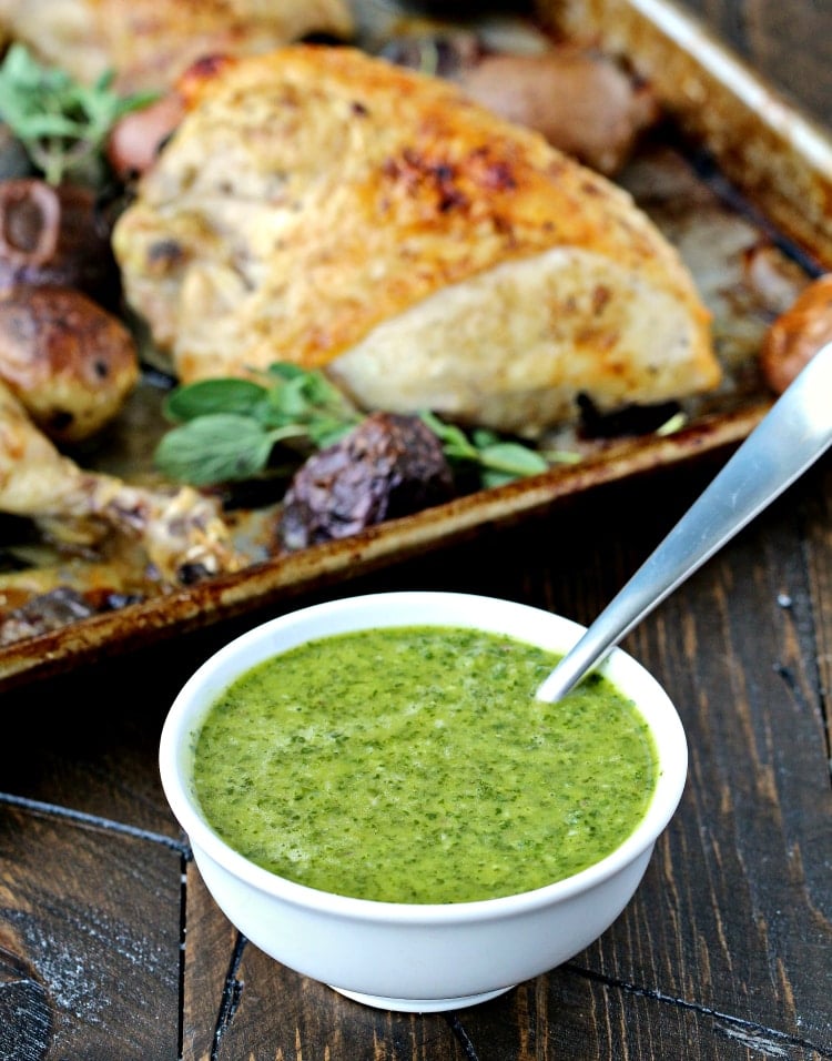 Sheet Pan Roast Chicken and Potatoes with Chimichurri | @foodiephysician