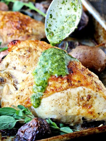 Sheet Pan Roast Chicken and Potatoes with Chimichurri
