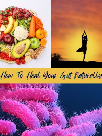 Picture os fresh fruits and vegetables, a picture of a woman doing yoga, and a picture of bacteria.