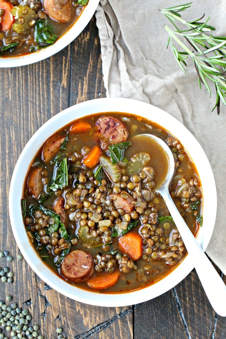 Lentil Soup with Sausage and Greens | @foodiephysician