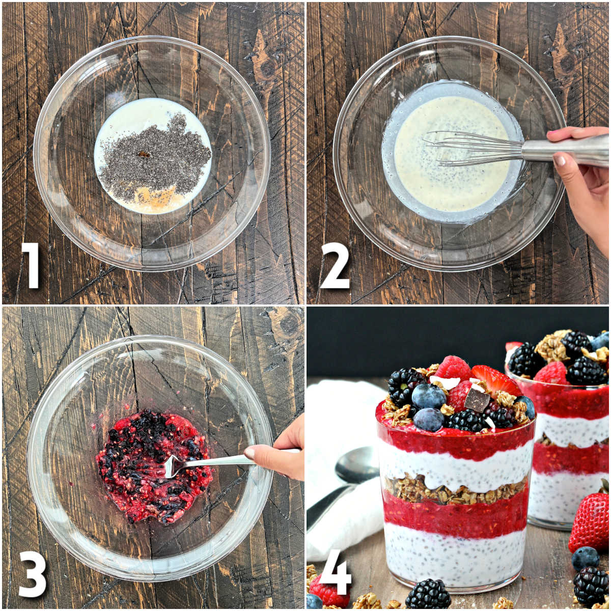Steps for making Berry Chia Pudding Parfaits.