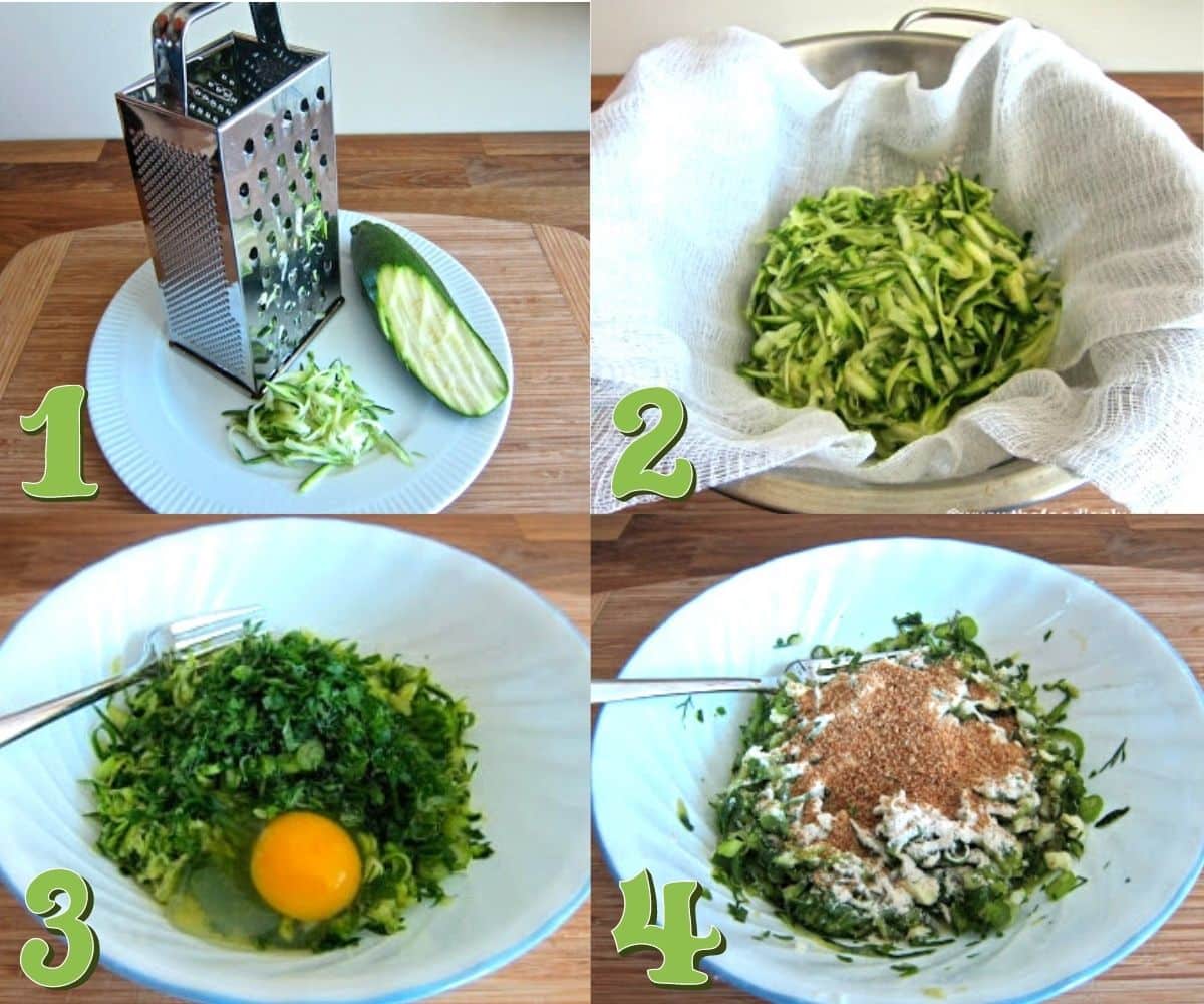 collage of how to make Greek zucchini fritters
