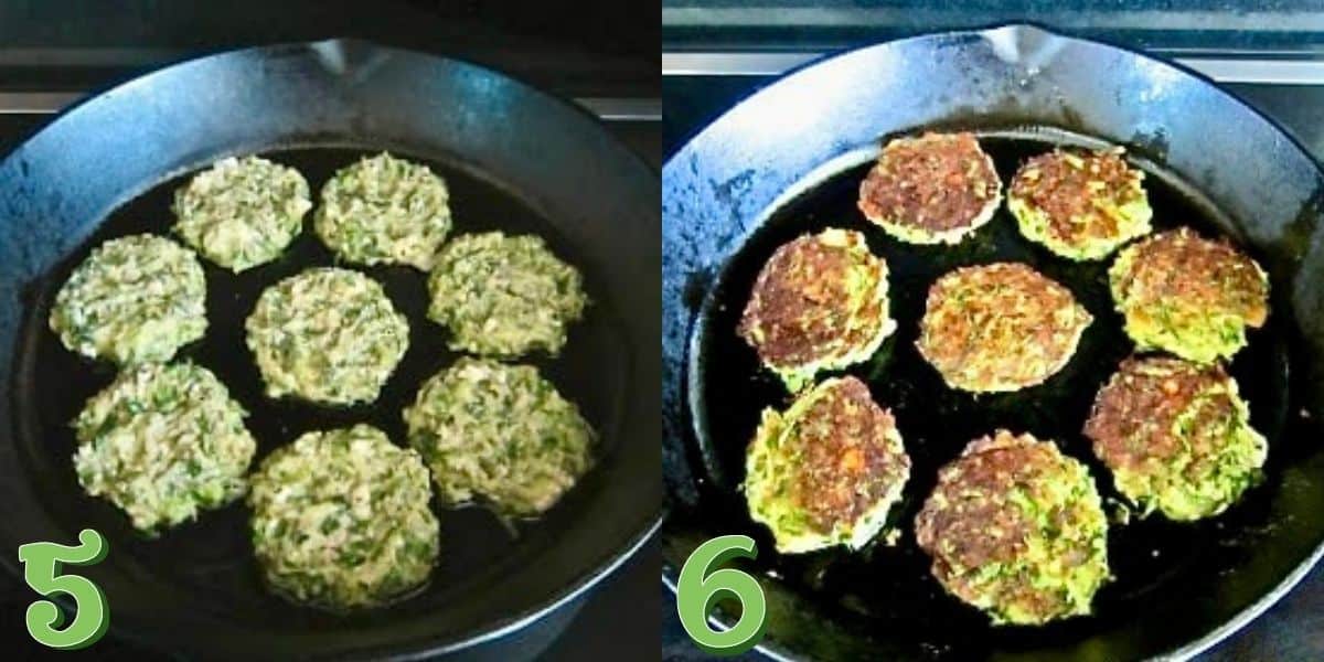 collage of zucchini fritters frying in a cast iron skillet