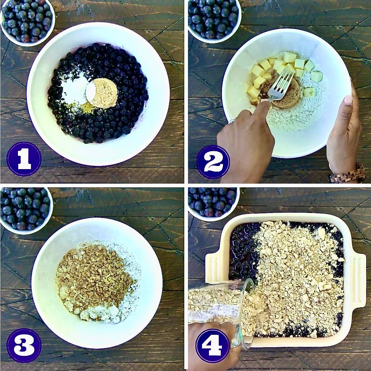 Steps 1-4 how to make blueberry crisp.