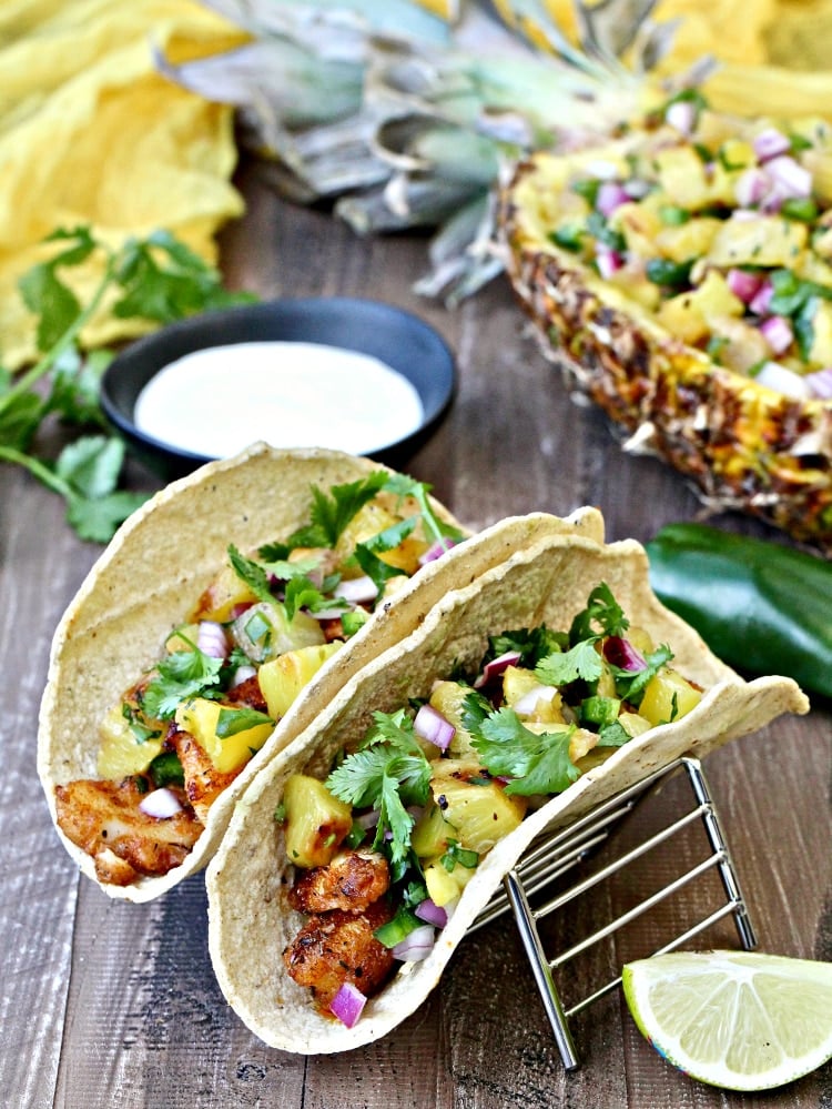 Tropical Fish Tacos with Grilled Pineapple Salsa