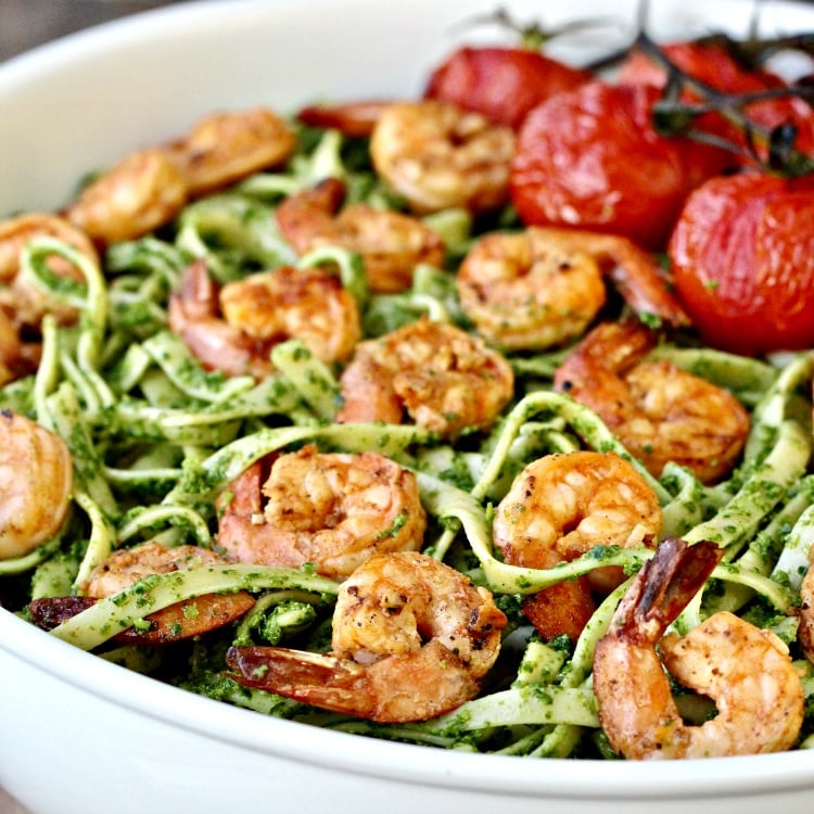 Fettuccini with Collard Greens Pesto and Grilled Shrimp