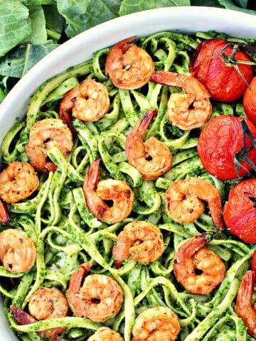 Fettuccini with Collard Greens Pesto and Grilled Shrimp