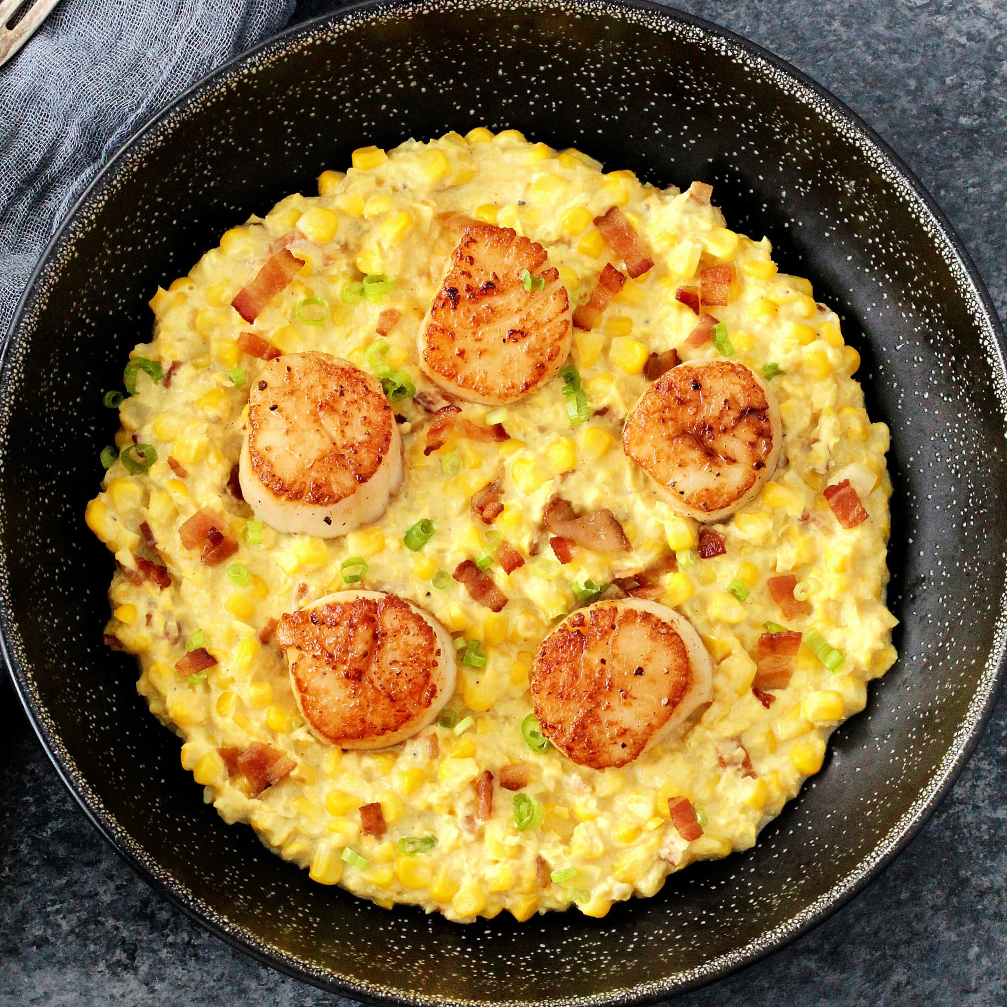 Seared Scallops with Creamy Corn and Bacon