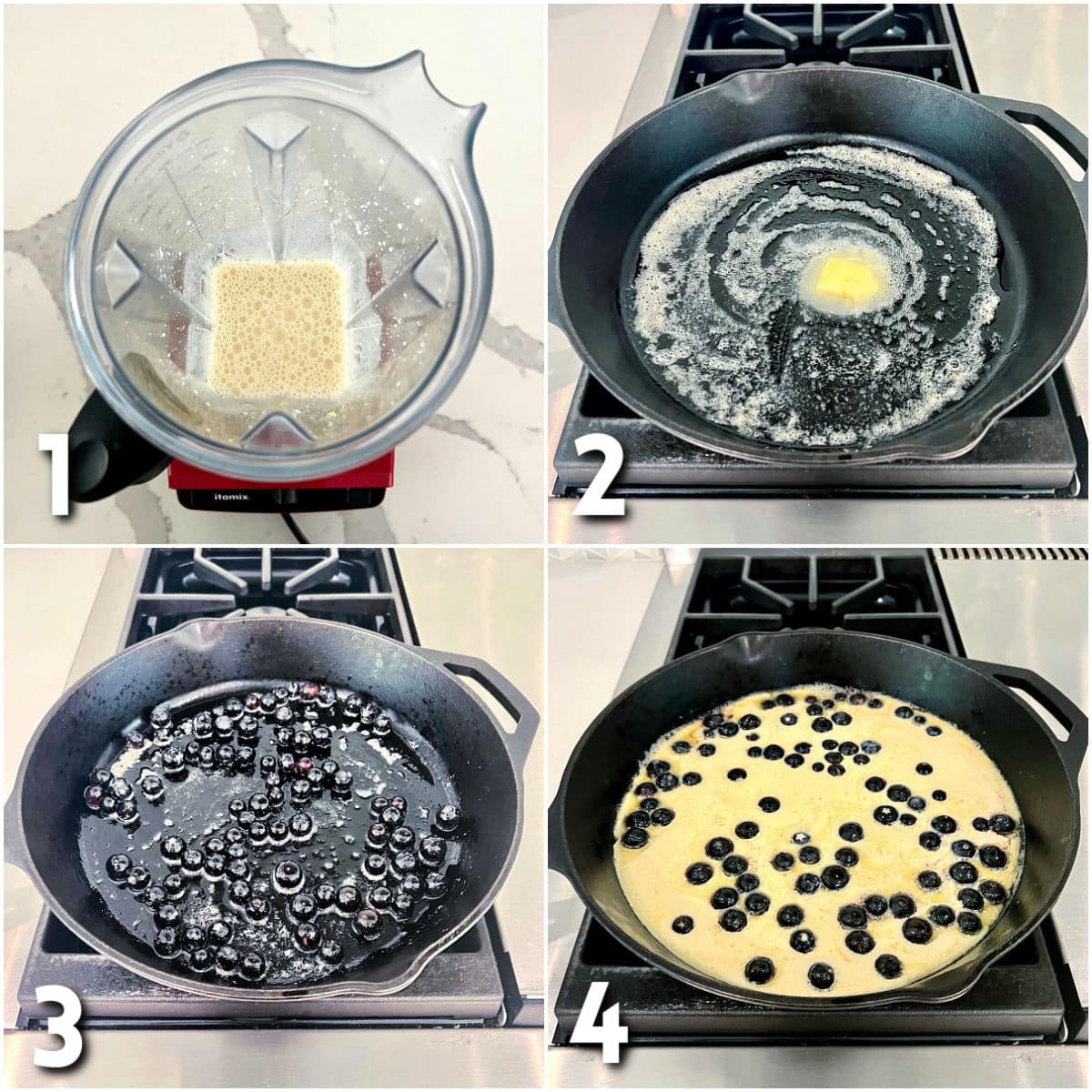 4 steps for making a Blueberry Lemon Dutch Baby.