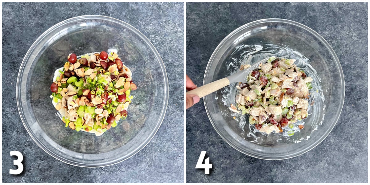 Steps 3 and 4 for making chicken salad with grapes and almonds.