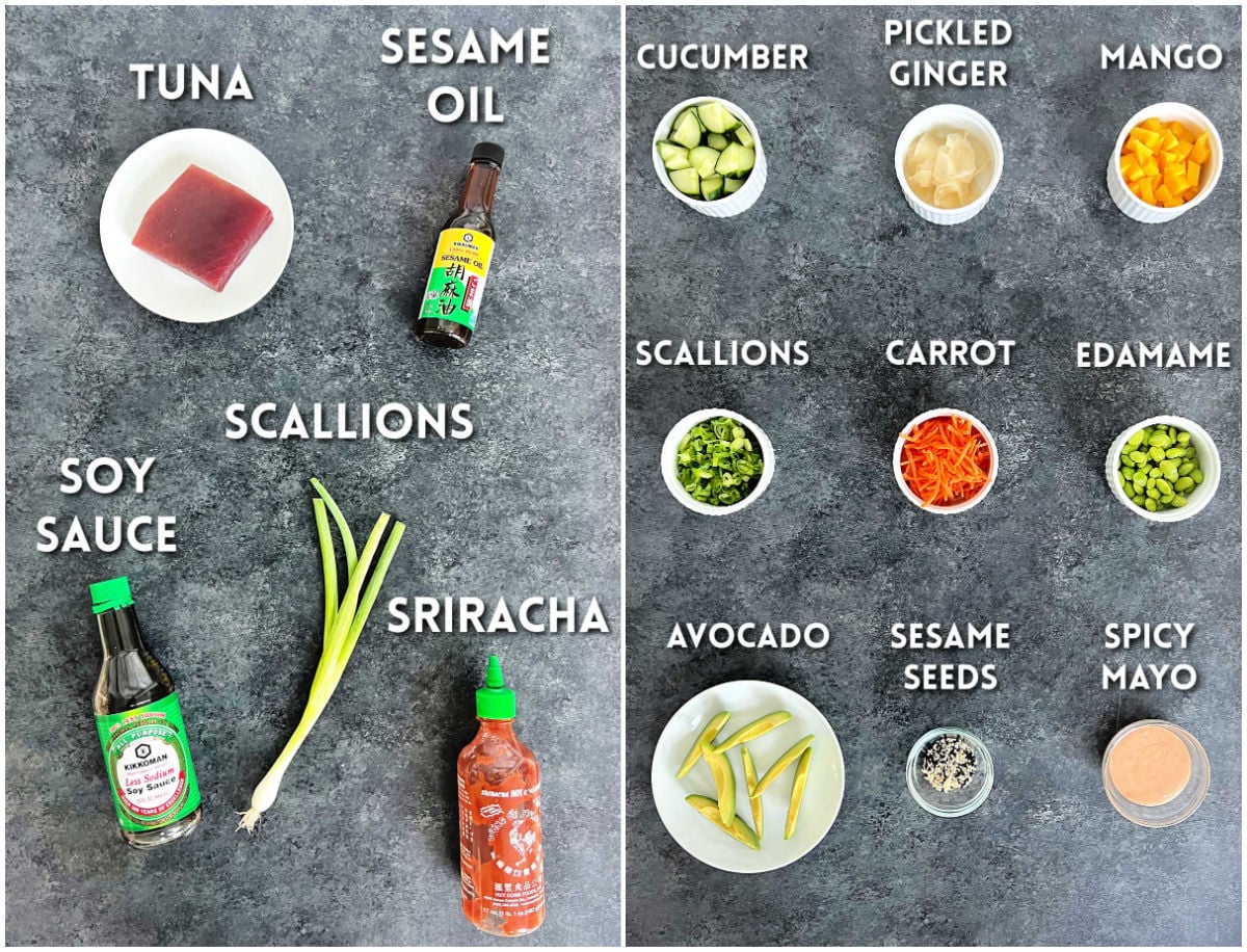 Ingredients for spicy tuna poke bowls.