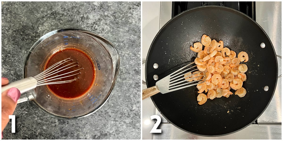 Steps 1 and 2 for making Shrimp Stir Fry with Noodles.