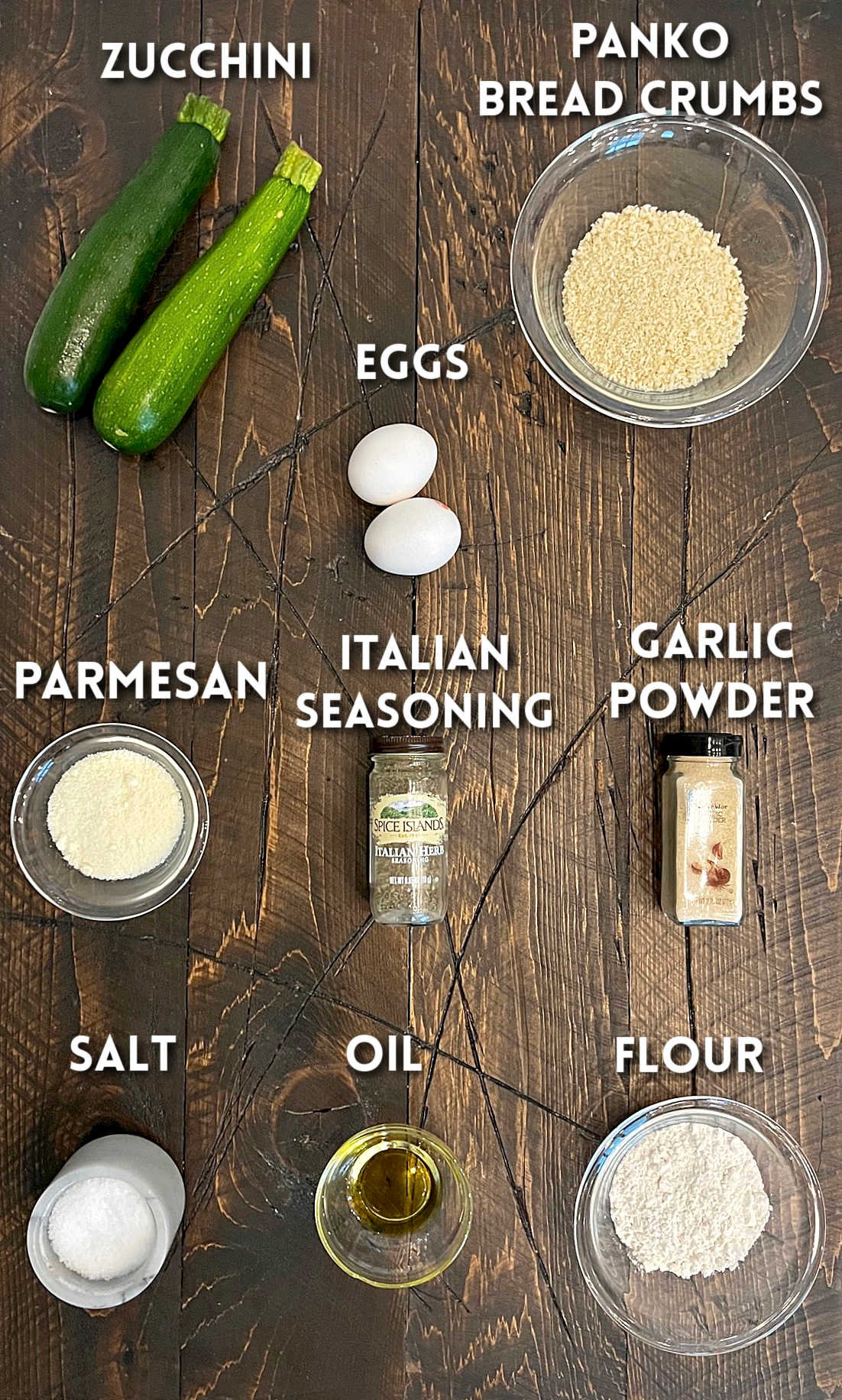 Ingredients for making air fryer zucchini fries.