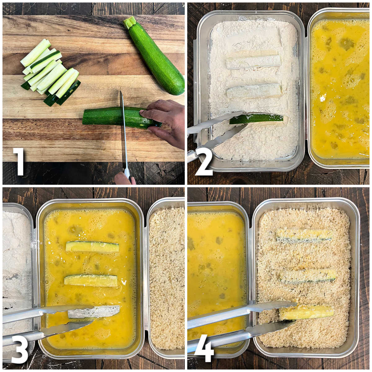 Steps 1-4 for making air fryer zucchini fries.