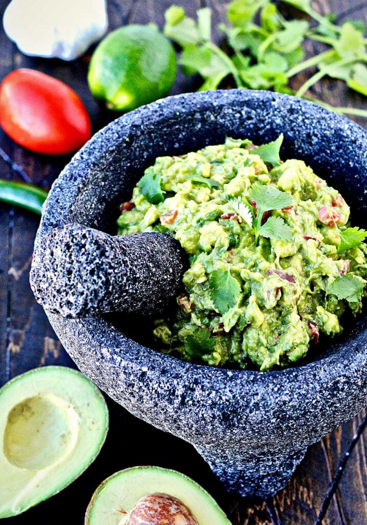 game day guacamole in molcajete