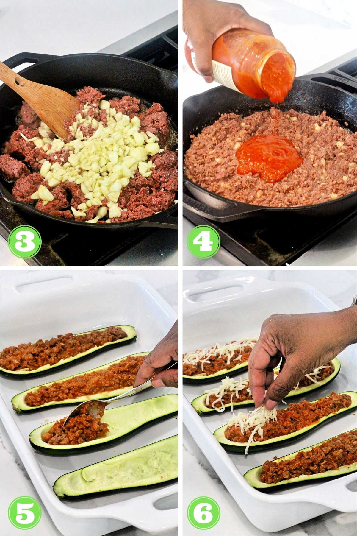 collage of steps 3 through 6 for making zucchini boats.