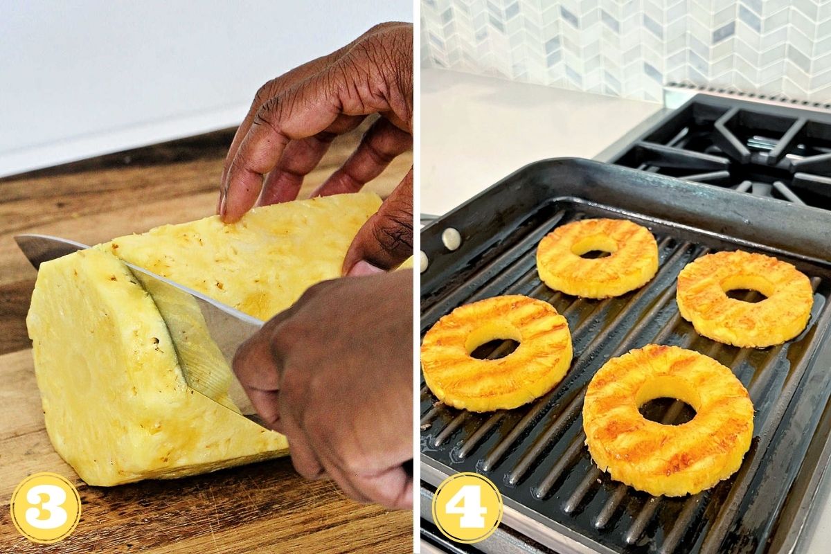 Pinepple being sliced into rings and then grilling on grill pan.