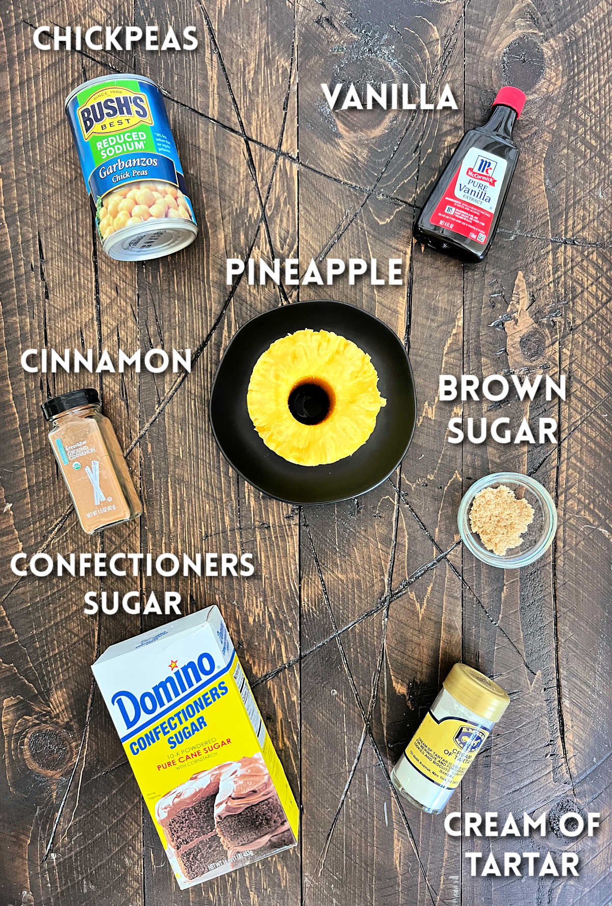 Ingredients for aquafaba whipped cream with grilled pineapple.