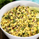 Chipotle corn salsa in a white bowl.