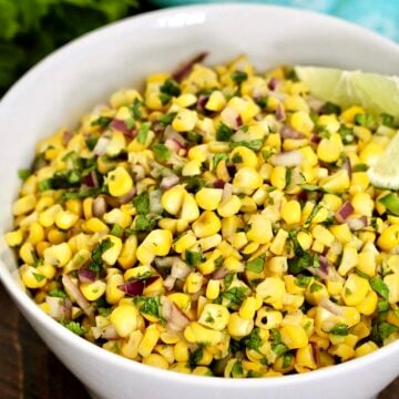 Chipotle corn salsa in a white bowl.