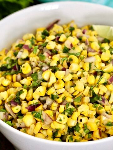 Chipotle corn salsa in a white bowl.
